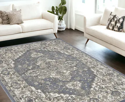 8' X 10' Blue and Ivory Medallion Power Loom Distressed Area Rug
