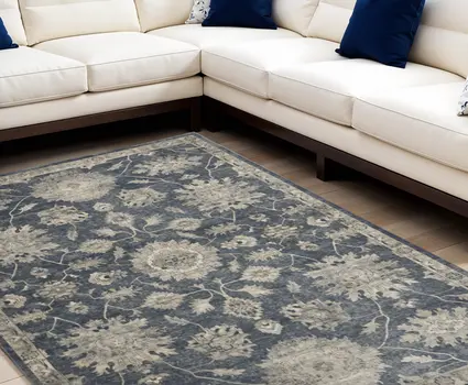 8' X 10' Beige and Blue Floral Medallion Power Loom Area Rug