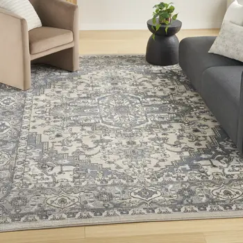 4' X 6' Blue and Ivory Medallion Power Loom Distressed Area Rug