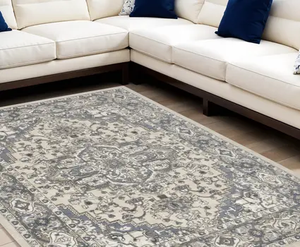 8' X 10' Blue and Ivory Medallion Power Loom Distressed Area Rug