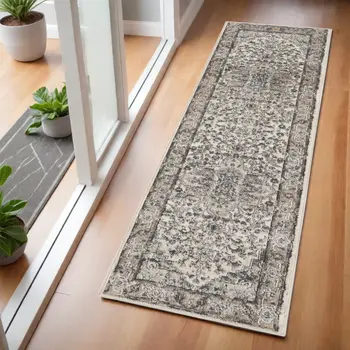 6' Gray And Ivory Medallion Distressed Runner Rug