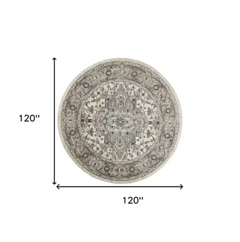 10' Gray and Ivory Round Medallion Power Loom Distressed Area Rug