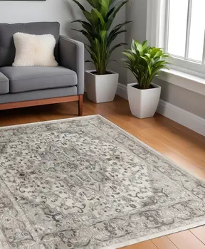 4' Gray and Ivory Square Medallion Power Loom Distressed Area Rug