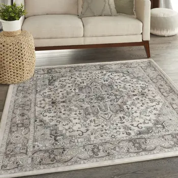 5' Gray and Ivory Square Medallion Power Loom Distressed Area Rug