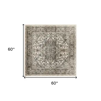 5' Gray and Ivory Square Medallion Power Loom Distressed Area Rug