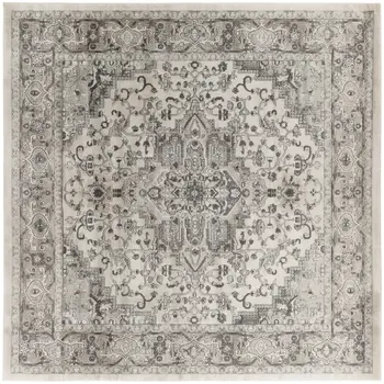 8' Gray and Ivory Square Medallion Power Loom Distressed Area Rug