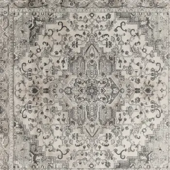 8' Gray and Ivory Square Medallion Power Loom Distressed Area Rug