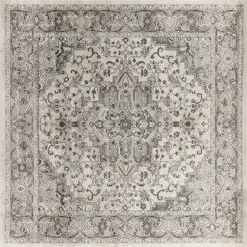 8' Gray and Ivory Square Medallion Power Loom Distressed Area Rug