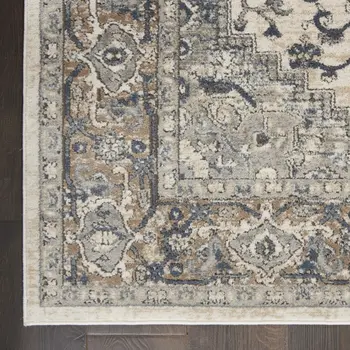 8' Gray and Ivory Square Medallion Power Loom Distressed Area Rug