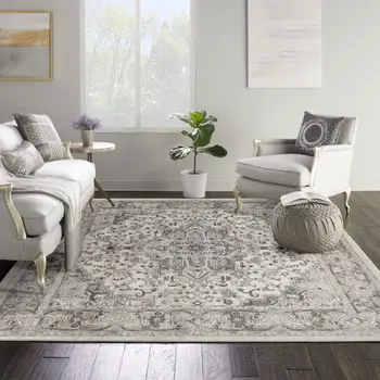 8' Gray and Ivory Square Medallion Power Loom Distressed Area Rug