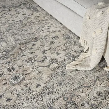 8' Gray and Ivory Square Medallion Power Loom Distressed Area Rug