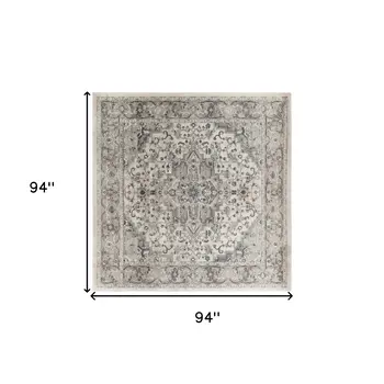 8' Gray and Ivory Square Medallion Power Loom Distressed Area Rug