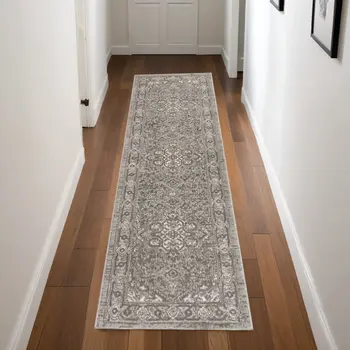 8' Gray And Ivory Medallion Distressed Runner Rug