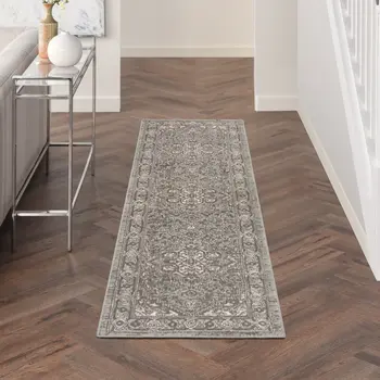 8' Gray And Ivory Medallion Distressed Runner Rug