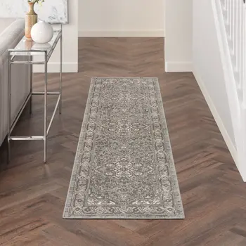 8' Gray And Ivory Medallion Distressed Runner Rug