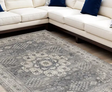 8' X 10' Gray and Ivory Medallion Power Loom Area Rug