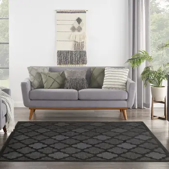 9' Charcoal And Black Square Trellis Indoor Outdoor Area Rug