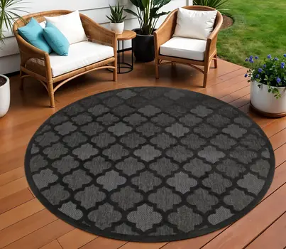 10' Charcoal And Black Round Trellis Indoor Outdoor Area Rug