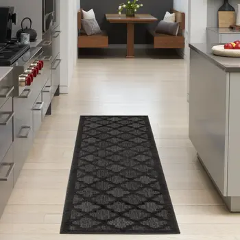 10' Charcoal And Black Trellis Indoor Outdoor Runner Rug