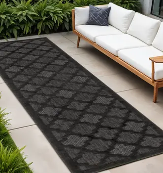 10' Charcoal And Black Trellis Indoor Outdoor Runner Rug
