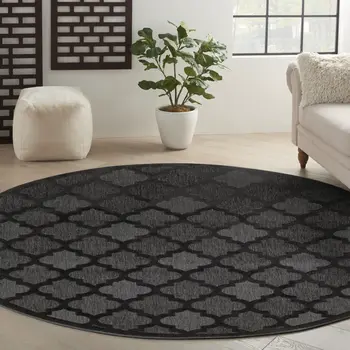 8' Charcoal And Black Round Trellis Indoor Outdoor Area Rug