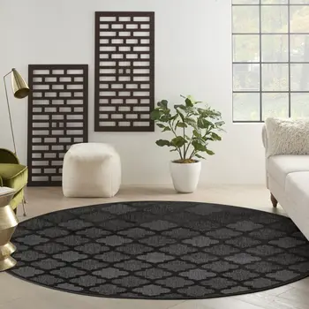 8' Charcoal And Black Round Trellis Indoor Outdoor Area Rug