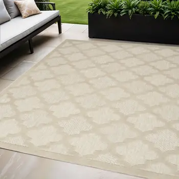 5' X 7' Cream And Beige Trellis Indoor Outdoor Area Rug
