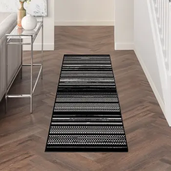 8' Black And White Striped Runner Rug