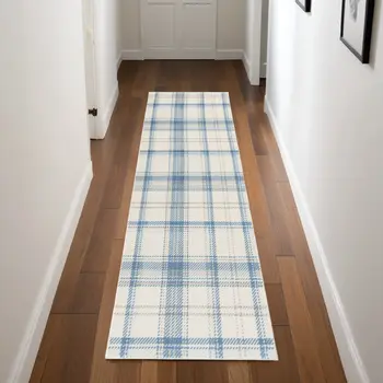 8' Blue And Ivory Plaid Runner Rug