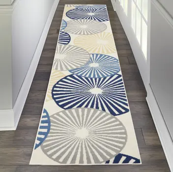 10' Ivory Blue And Gray Geometric Runner Rug
