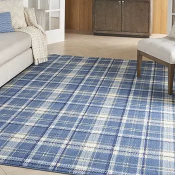 8' X 10' Blue and Beige Plaid Power Loom Area Rug