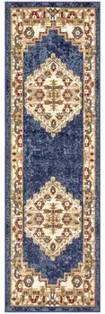 8' Blue And Gold Medallion Distressed Runner Rug
