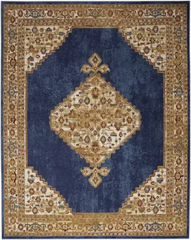 5' X 7' Blue and Gold Medallion Power Loom Distressed Area Rug
