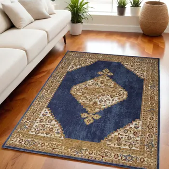 5' X 7' Blue and Gold Medallion Power Loom Distressed Area Rug