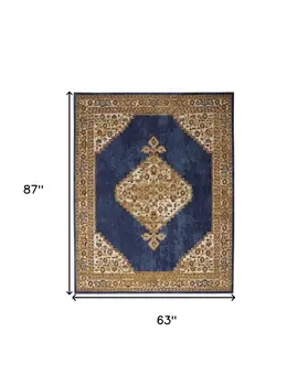 5' X 7' Blue and Gold Medallion Power Loom Distressed Area Rug