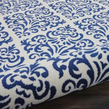 7' X 10' Blue and White Damask Power Loom Area Rug