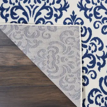 7' X 10' Blue and White Damask Power Loom Area Rug