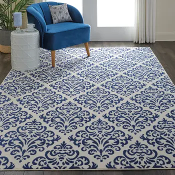 6' X 9' Blue and White Damask Power Loom Area Rug
