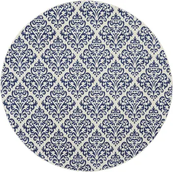 8' Blue and White Round Damask Power Loom Area Rug