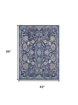 4' X 6' Blue and Beige Floral Power Loom Area Rug
