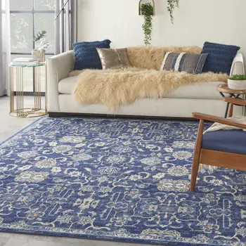 7' X 10' Blue and Beige Floral Power Loom Area Rug