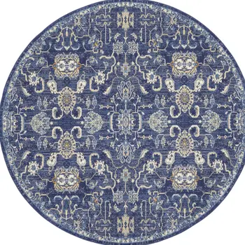 8' Blue and Beige Round Floral Power Loom Area Rug