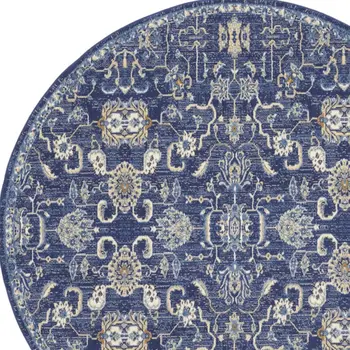 8' Blue and Beige Round Floral Power Loom Area Rug
