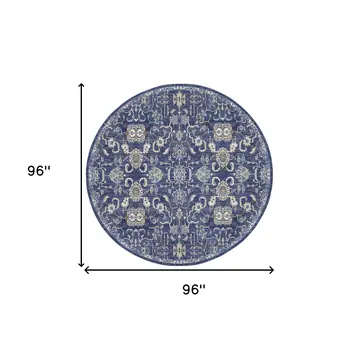 8' Blue and Beige Round Floral Power Loom Area Rug