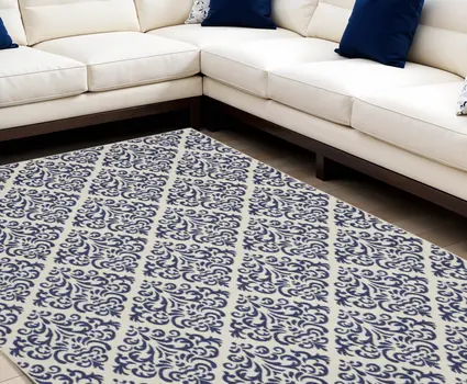 8' X 10' Blue and White Damask Power Loom Area Rug