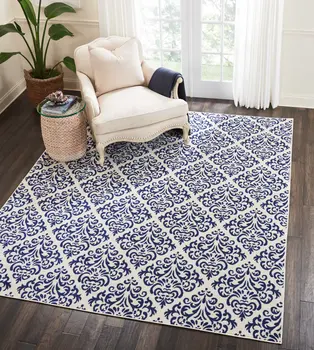 8' X 10' Blue and White Damask Power Loom Area Rug