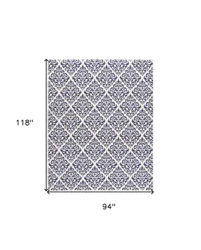 8' X 10' Blue and White Damask Power Loom Area Rug