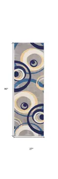 8' Gray And Blue Geometric Runner Rug