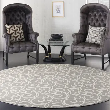 8' Gray and Ivory Round Floral Vines Power Loom Area Rug