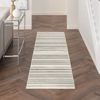 8' Gray And Ivory Striped Distressed Runner Rug